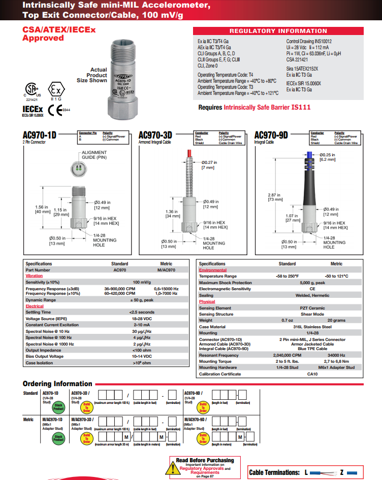 CTC本安型小型加速度振動(dòng)傳感器AC970技術(shù)參數(shù) 